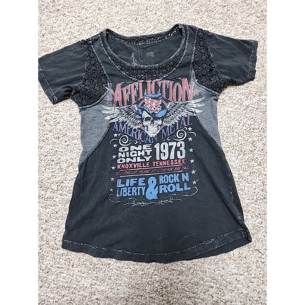 Affliction "One Night Only - 1973" S Ladies‎ Black Shirt With Lace Detail  USA